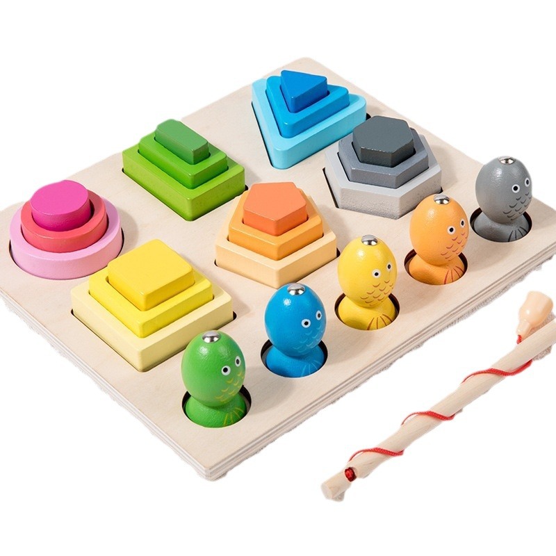 Forma geométrica de pesca magnética de madera a juego dos en uno conjunto de bloques de construcción de columnas coordinación mano-ojo juguetes educativos de educación temprana