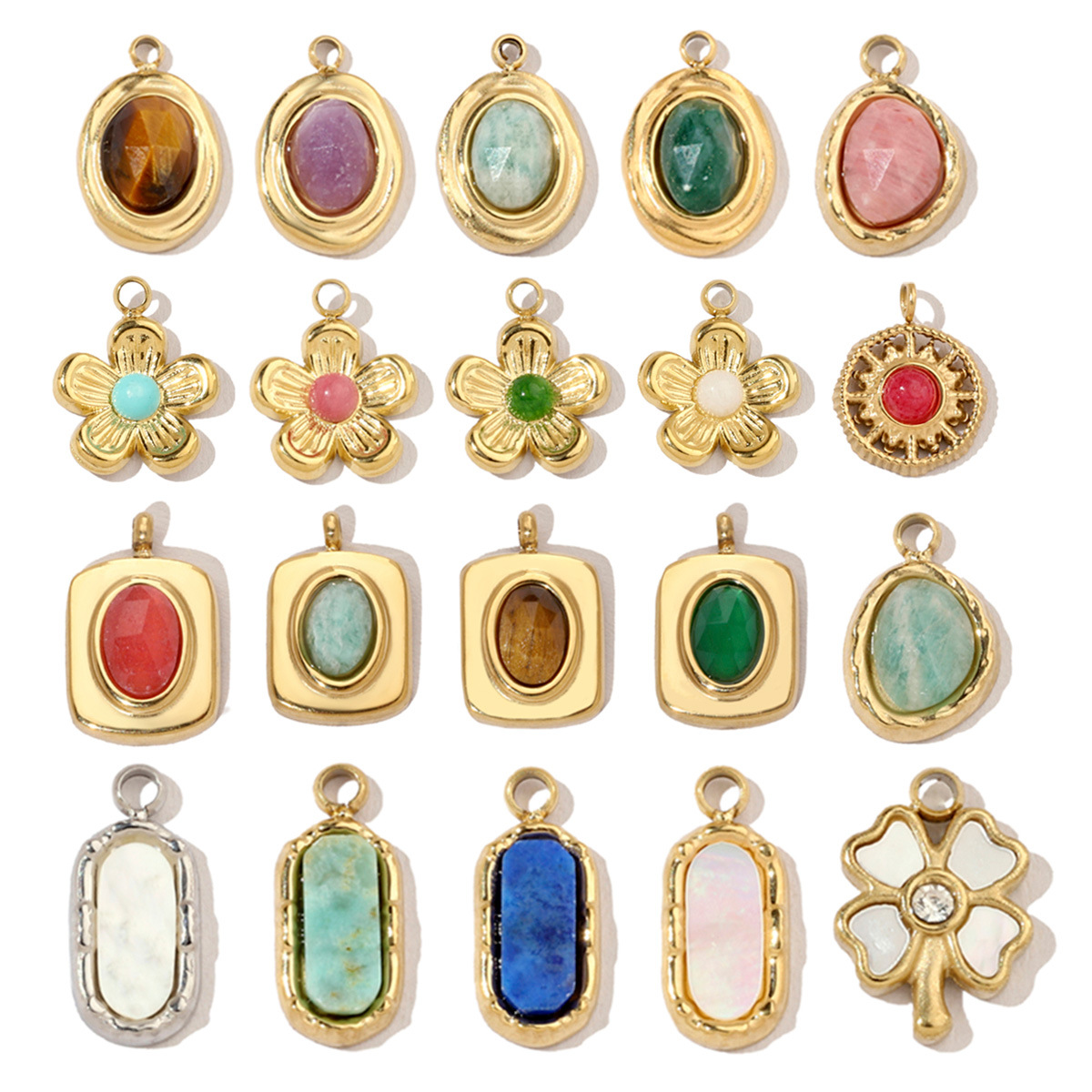 French retro flower geometric natural stone titanium steel diy necklace pendant female four-leaf clover tianhe stainless steel jewelry