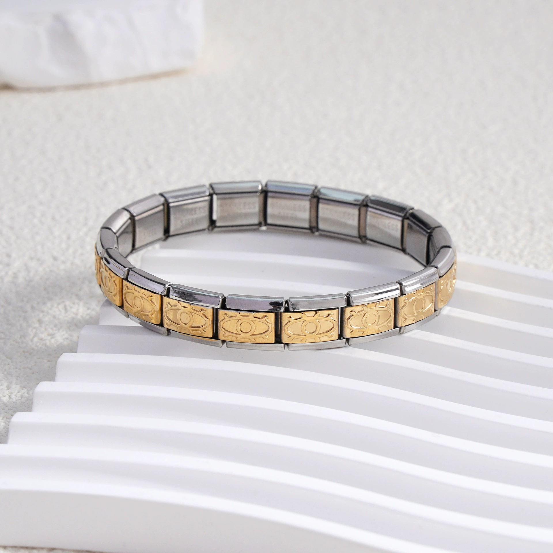 stainless steel bracelet, removable elastic link watch strap, italian european style, assorted charms
