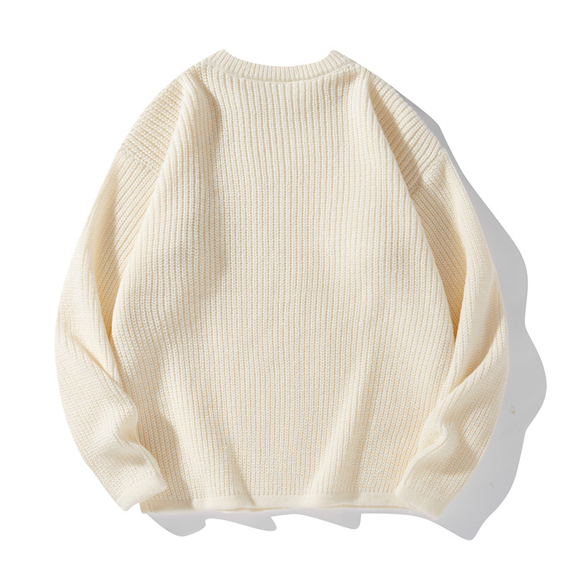 Men's Casual Knit Sweater Loose Fit Round Neck Long Sleeve Pullover Soft Polyester Blend, Minimalist Solid Color For Autumn Winter (Black, Beige)_voghion.com