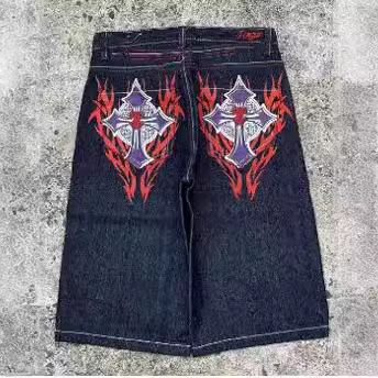 Cross-border American-style Hip-hop Harajuku Style Pattern Printed Denim Shorts Men's High Street Retro Trendy Brand Wide Leg Pants