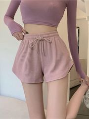 女性の半ズボンのワッフルの新型の夏の高腰の大きいサイズの半ズボンのネットの赤いフィットネスのスポーツのズボンのゆったりしているカジュアルなズボン