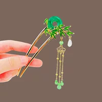 Новый китайский стиль безопасная пряжка зеленая бамбуковая U-образная булочка для волос новая кисточка