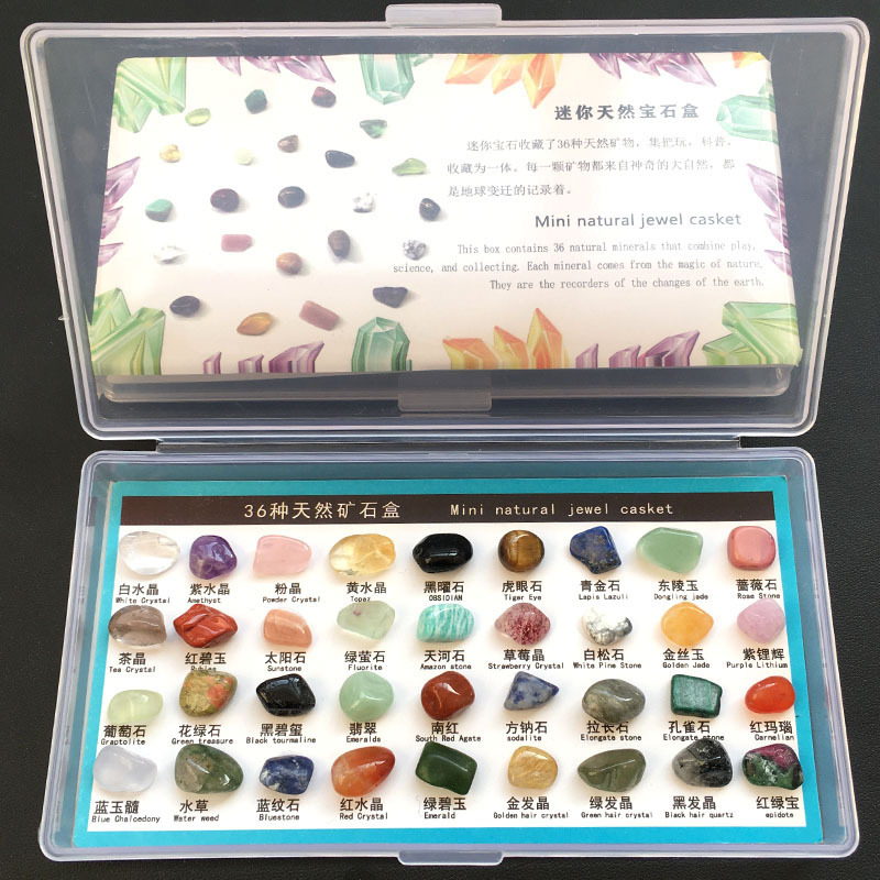 36 kinds of natural crystal gravel ore samples box mineral crystal stone ornaments teaching ornamental stone children gift