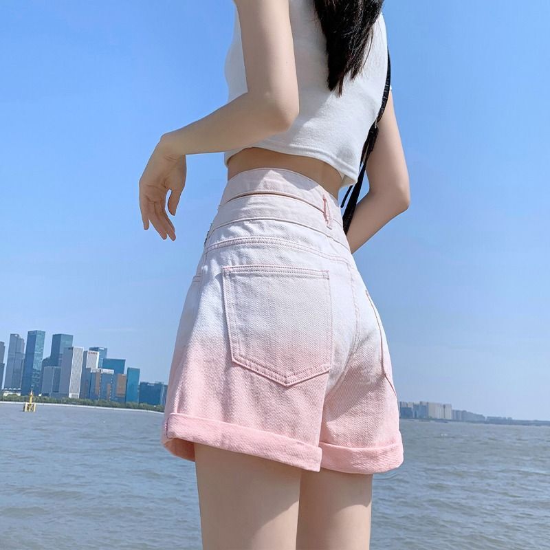 Pink Gradient Denim Shorts Women's 2024 New Summer Thin High Waist Loose Wide Leg Hot Trendy All-match Pants