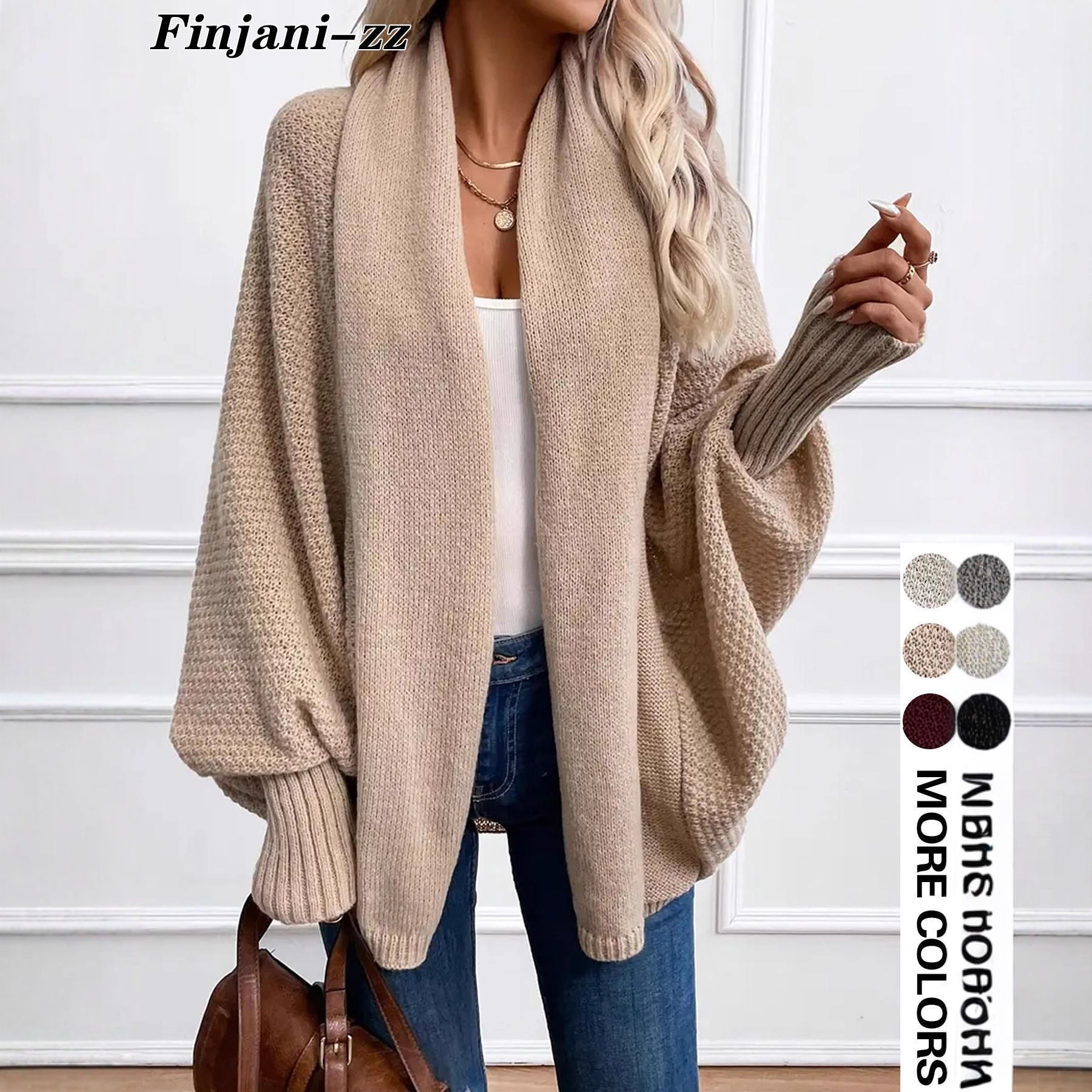 Damen-Strickcardigan in großen Größen – Eleganter, langärmeliger Pullover mit offener Vorderseite, halbhohem Kragen, Polyestergemisch, geeignet für Freizeit und Büro_voghion.com