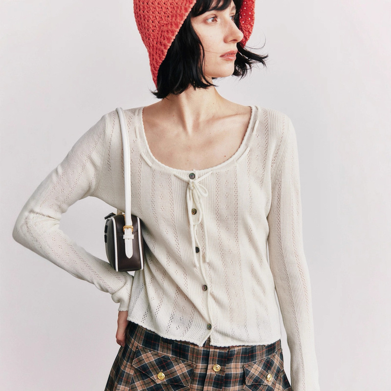 Ultra-Fine Sheep Wool Large Round Neck Drawstring Lace Hollow Crochet Knitted Cardigan Top for Women