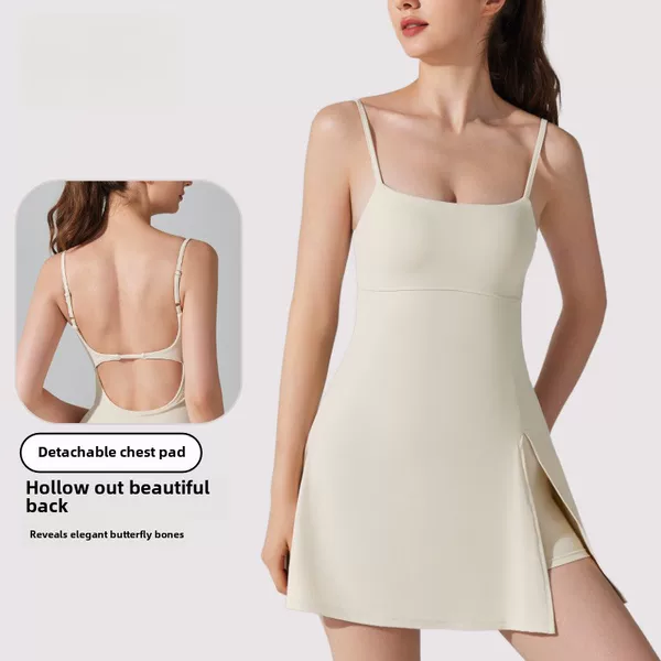 Europe and the United States cross-border anti-light base sports dress with chest pad breathable outdoor tennis back one-in-one yoga suit