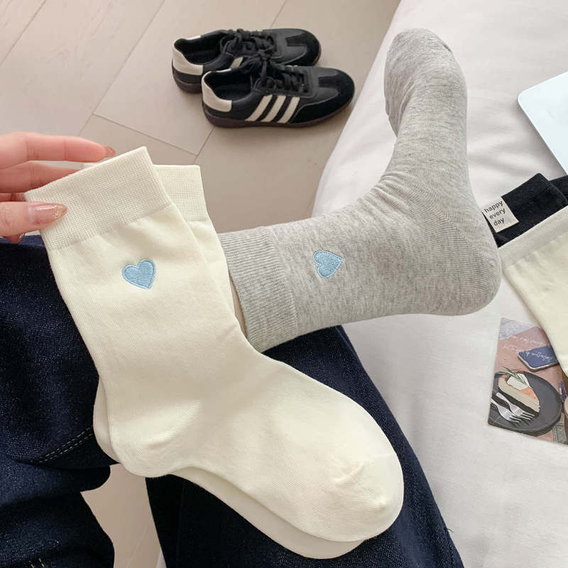 Socks Women's Cotton Socks Spring and Autumn Mid-length Socks Love Embroidered Pile Stocking Double Rakou Stitching Stockings Odor-proof Boneless Cotton Socks