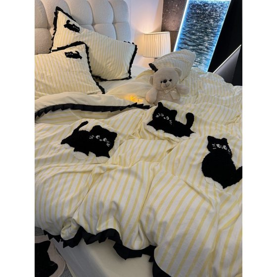 Cartoon Cute Cat Towel Embroidered Four-Piece Set Princess Style Washing Cotton Bed Sheet Quilt Cover College Student Dormitory Three-Piece Set