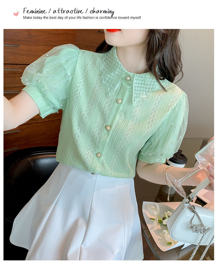 Camicetta da donna in pizzo con maniche a palloncino in rete con perline, cardigan estivo a maniche corte, top trasparente casual, abbigliamento da strada alla moda_voghion.com
