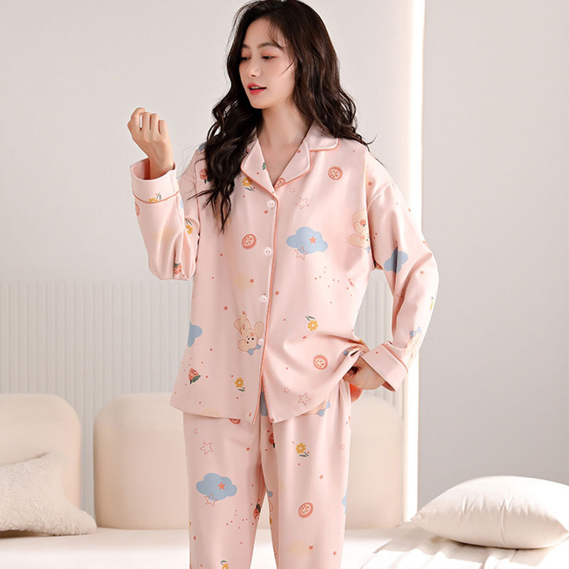 YUEZI 의류 봄과 가을 순면 파자마 여성용 카디건 긴팔 바지 세트 느슨한 플러스 사이즈 가을 및 겨울 홈 의류