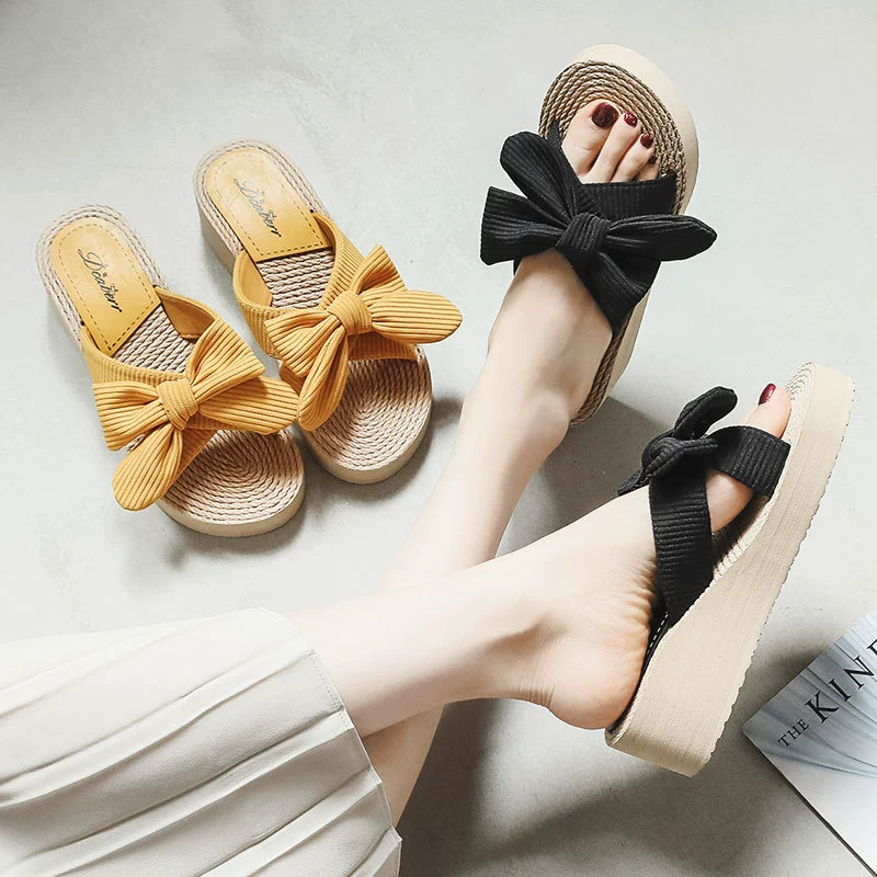 Summer slippers, high footwear with bow, beach slide, 2021 collection, Korean style, beach style