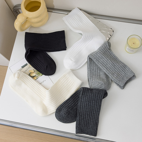 White Socks Women Crew Socks Spring Summer Cream Ins Trendy Korean Style Long Socks Anti-Odor Solid Color Cotton Socks Black Bunchy Socks