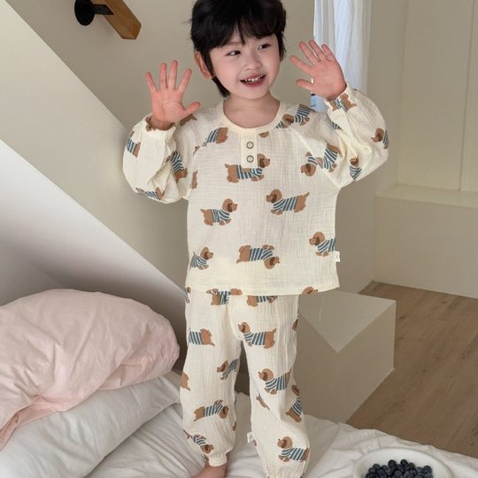 New Children's Double Gauze Home Clothes Boys and Girls Cotton Yarn Long Sleeve Pajamas Cotton Pullover Gauze Air-conditioning Clothing Set