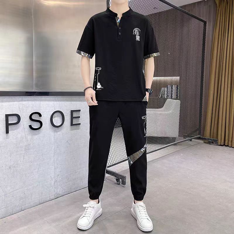 2025 Summer Chinese Style Retro Thin Ice Silk Suit Men's Middle-Aged Sports Suit Loose Breathable Two-Piece Suit