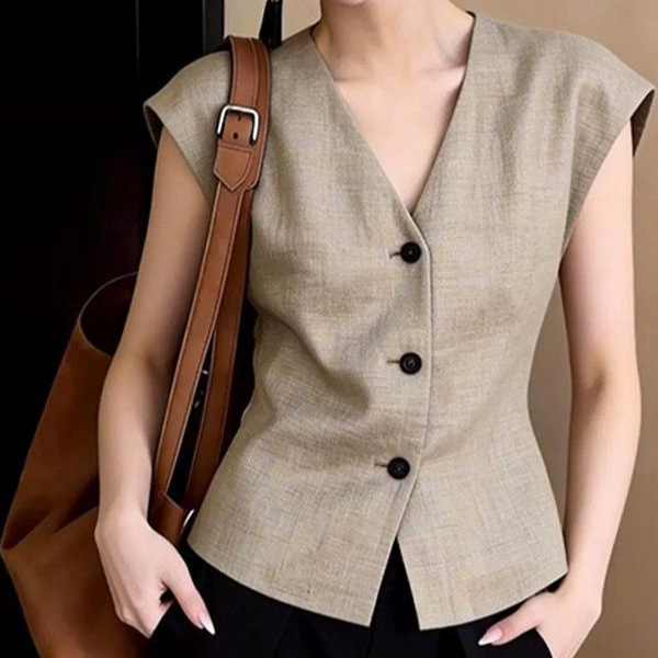 Áo vest gile nữ không tay công sở kiểu mới mùa xuân hè — màu kaki chi tiết 1