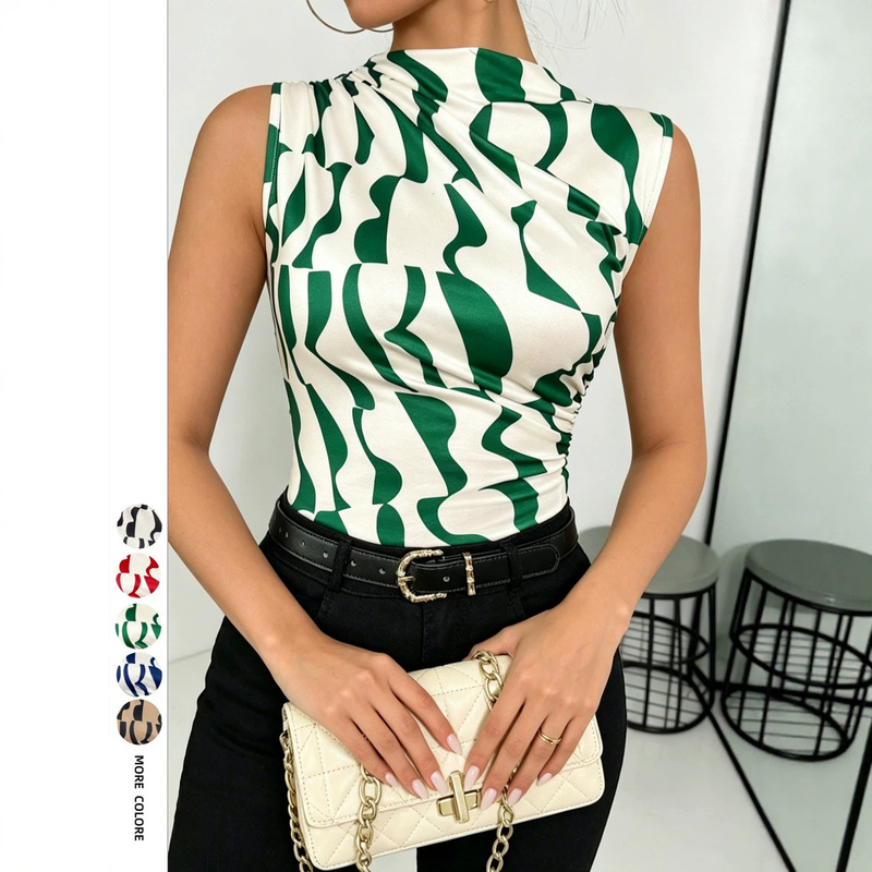 Cross-Border Women's Clothing Abstract Wave Print Sleeveless High-Neck Slim-Fit T-Shirt European and American Style Waist-Cinching Women's T-Shirt