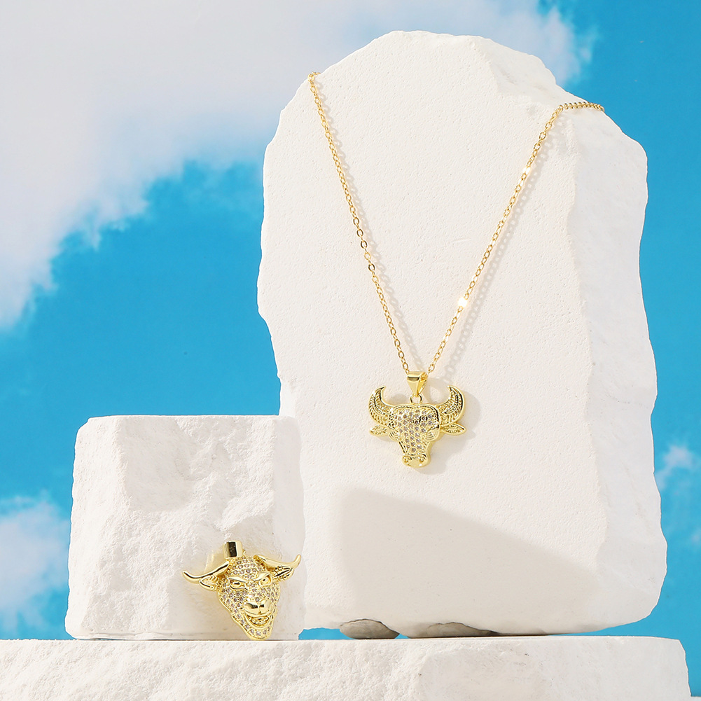 Hip-Hop Bull Head Copper Gold Plated Pendant Necklace