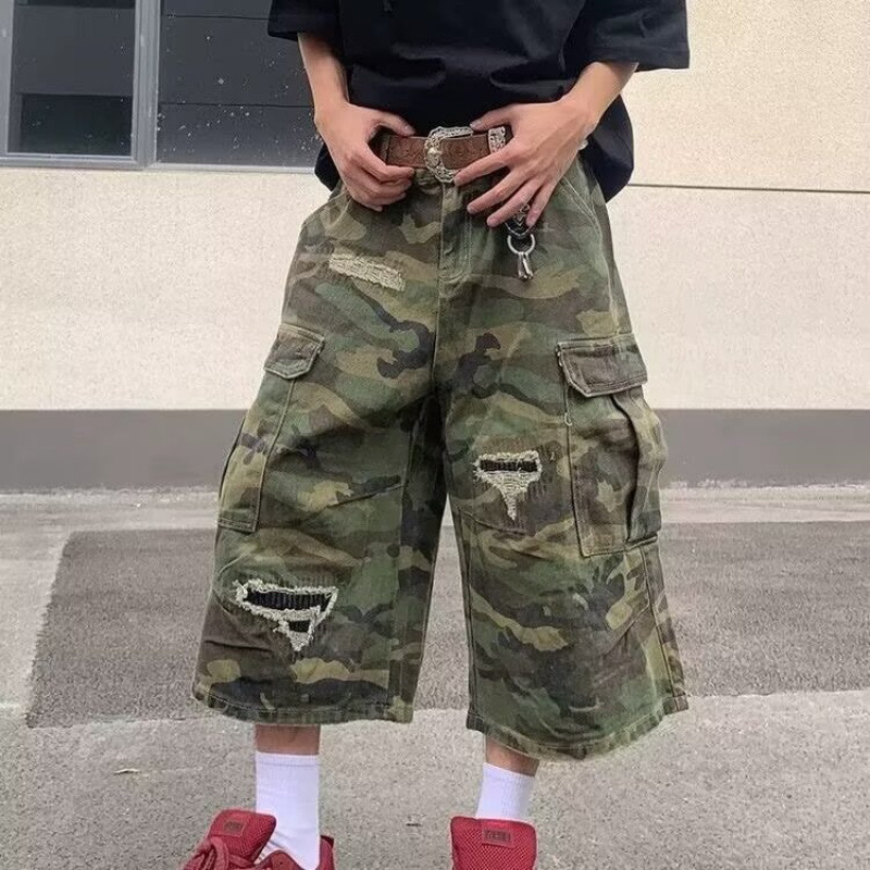 Trendy Camouflage Cargo Denim Shorts for Men, Vintage Casual with Large Pockets, Ripped Patch Design, Wide-Leg Cropped Pants