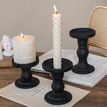 美式复古哑光黑色玻璃烛台餐桌氛围感装饰摆件香薰蜡烛罗马柱烛台