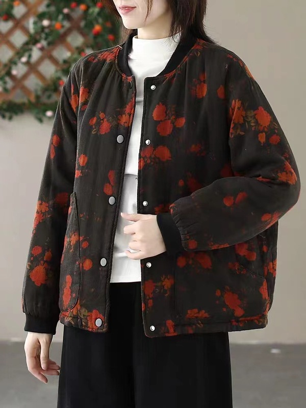 2025秋冬复古印花棉质夹棉外套棉衣女圆领宽松加厚保暖棉服上衣|undefined
