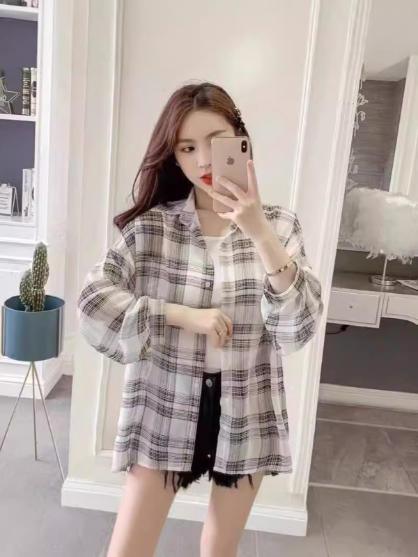 港风复古格子衬衫外套女早秋薄款休闲宽松长袖防晒衬衫设计感|undefined