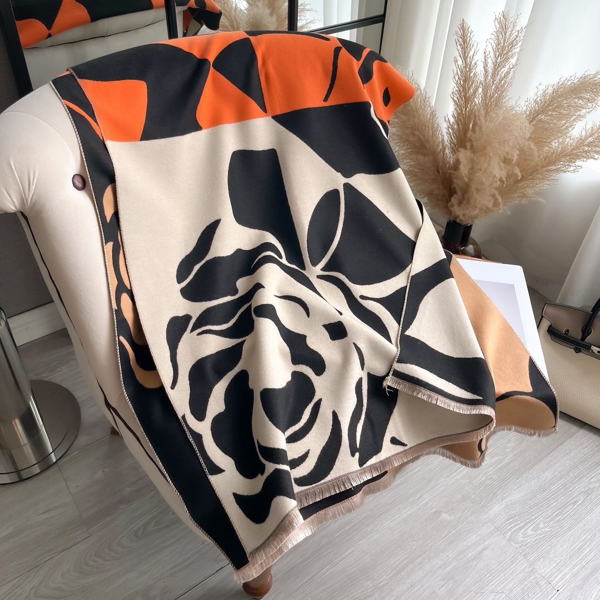 Bufanda Chal de Imitación de Cachemira Estampado de Camelia Térmica para Otoño e Invierno