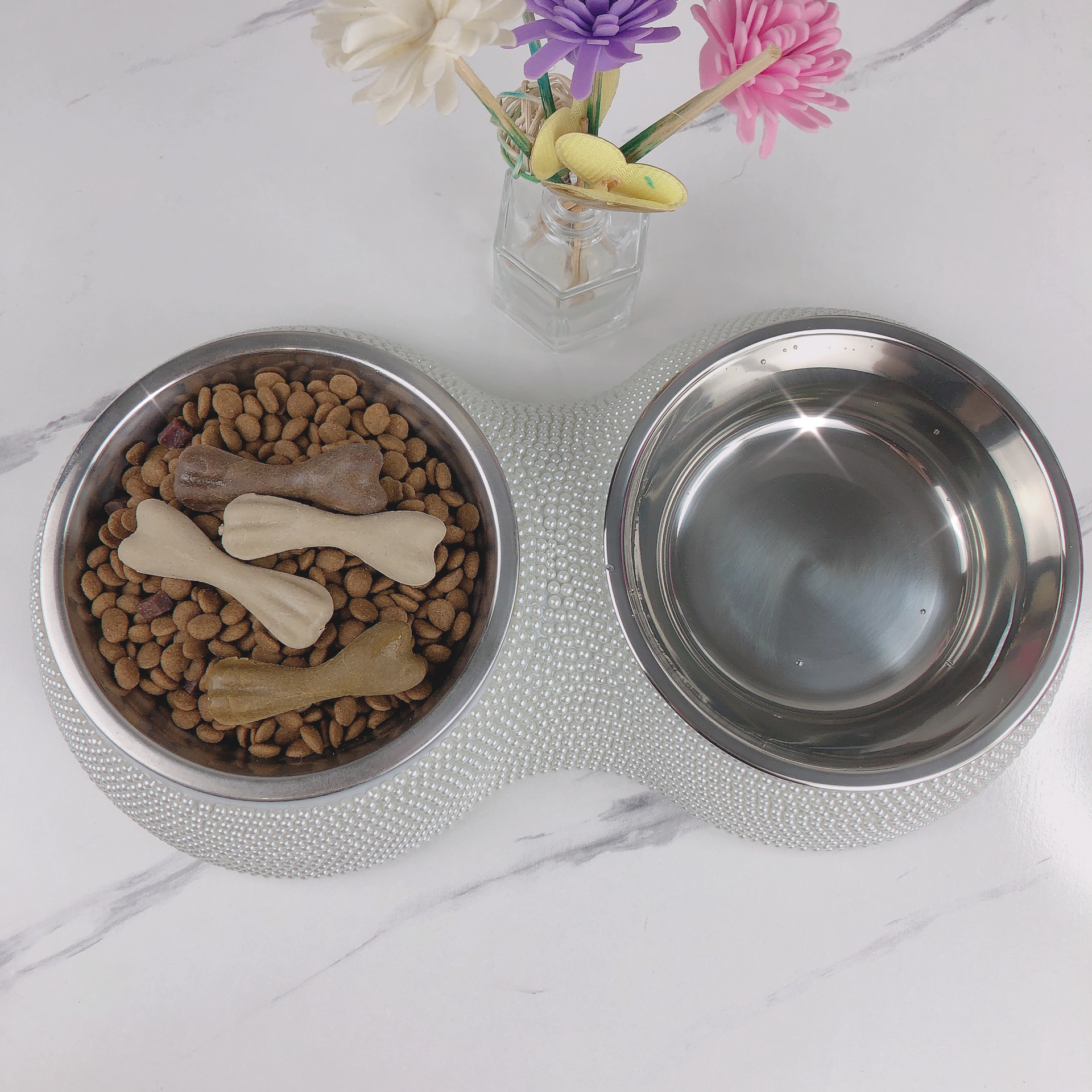 Tazón para mascotas de diamante transfronterizo de acero inoxidable extraíble de doble capa tazón de comida para mascotas