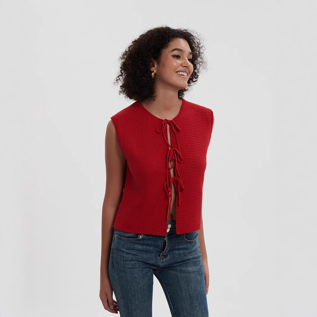 Cross-border women's clothing wholesale European and American-style fashion lace-up knitted vest solid color all-match sleeveless vest personality top