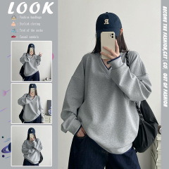 美式复古v领卫衣女2025秋冬季新款宽松休闲慵懒风灰色假两件上衣