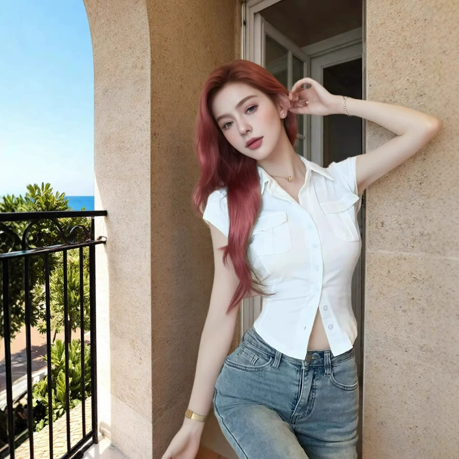 Кросс-бордер 2025 новая белая рубашка с коротким рукавом и воротником-поло, стиль чистой страсти, кардиган с карманом-клапаном, дизайн брюк, экспортный стиль