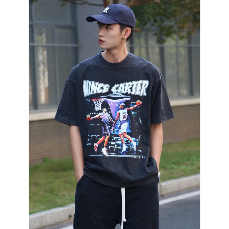 Basketball star Vince Carter printed T-shirt short sleeve loose retro cotton heavy men's clothing