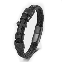 跨境热卖皮革手工编织手镯新款复古潮流金色十字架男士皮手链男