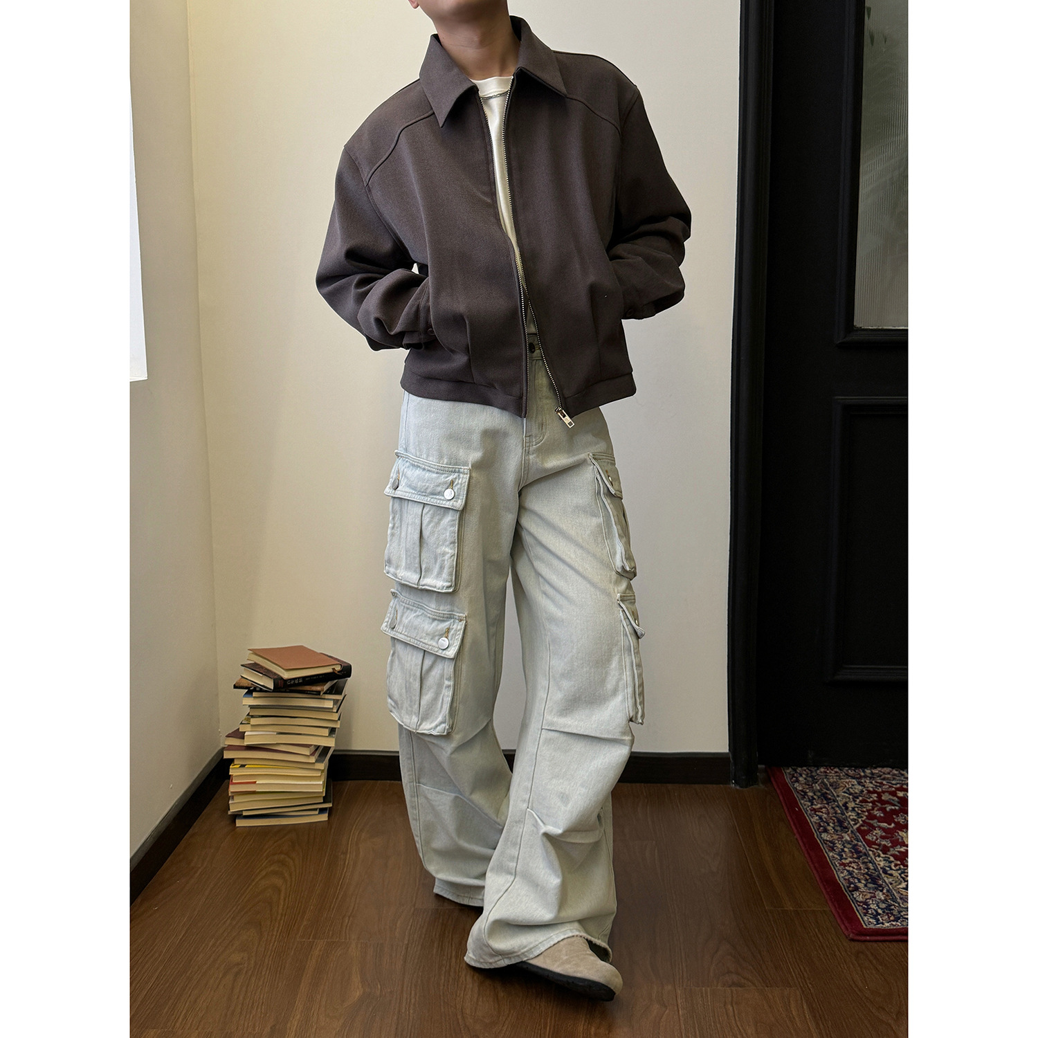 Summer thin style American multi pocket casual jeans, niche wide leg work pants, men's women's couple styles, red and_voghion.com