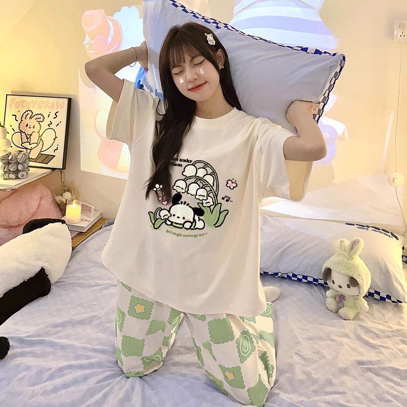 Pijamas al por mayor transfronterizos para mujer verano nuevos pantalones de manga corta sueltos que se pueden usar al aire libre dibujos animados lindo traje de servicio a domicilio imitación algodón