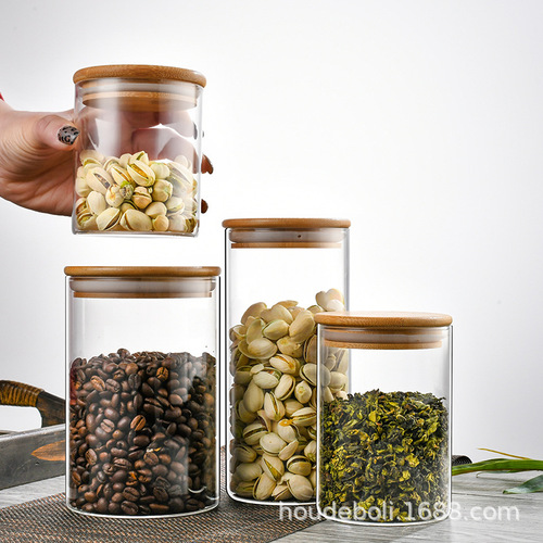 Glass sealed cans Kitchen transparent storage cans Bamboo and wood lid Food grade glass cans Motification-proof sealed storage cans