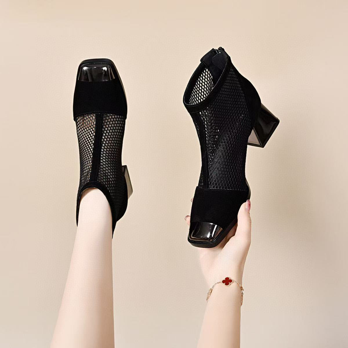 Sandal nữ da thật đầu vuông lưới sợi mát gót thô rỗng thoáng khí phong cách La Mã — Màu đen - Da bò