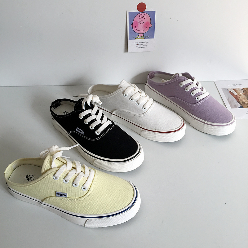 一脚蹬懒人鞋2021新款无后跟半托帆布鞋女韩版百搭ulzzang小白鞋