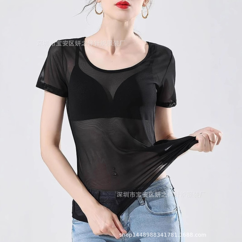 Spring and Summer New Transparent Mesh Base Shirt Round Neck Short-sleeved T-shirt Slim-fit Inner Jacket Women's Fashion Casual Trend