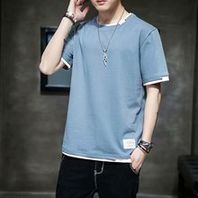 夏季ins潮牌夏季假两件短袖T恤男士韩版宽松潮流上衣服情侣装半