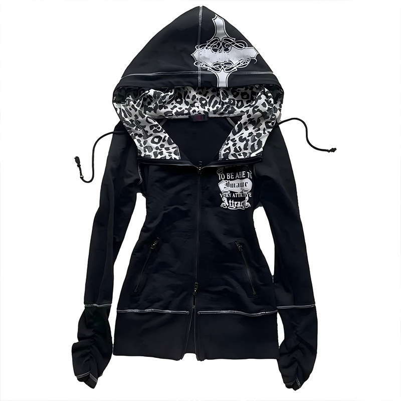 Cross Sweatshirt Jacket Reversible Hooded Leopard Print Trendy Brand Unisex American Top Gothic Street Y2K