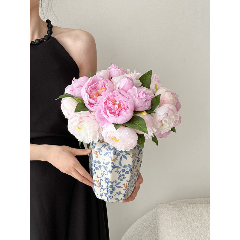 Nuevo jarrón de cerámica azul china nueva decoración de estilo chino sala de estar floral decoración de vestíbulo de estilo antiguo peonía floral