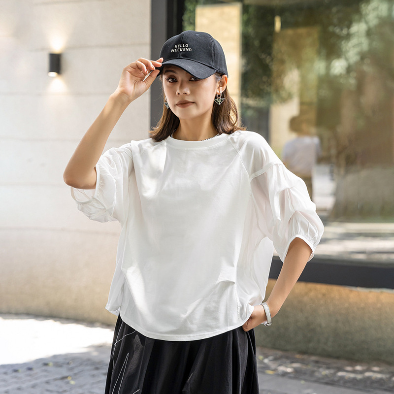 240705 Stitching Design Sense Niche T-shirt Summer New Unique Pleated Puff Sleeve Loose Top Trendy