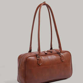 复古拼接波士顿包大容量通勤包高级质感单肩包百搭手提包2025新款