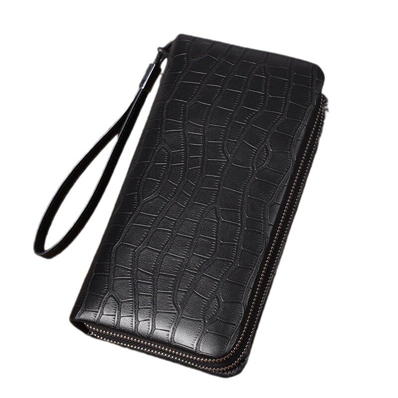 Ví nam dài vân cá sấu da bò thật khóa kéo đôi nhiều ngăn đựng thẻ 21×4,5×11 cm — Màu đen vân cá sấu cỡ nhỏ, Màu đen vân cá sấu cỡ trung