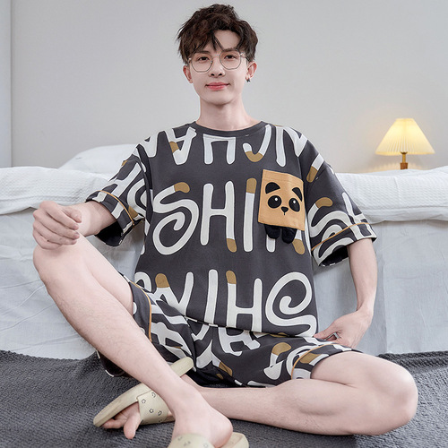 Men's Cotton Short-Sleeve Summer Thin Cartoon Student Summer Plus-Size Teenager 100% Cotton Homecoming Suit Set