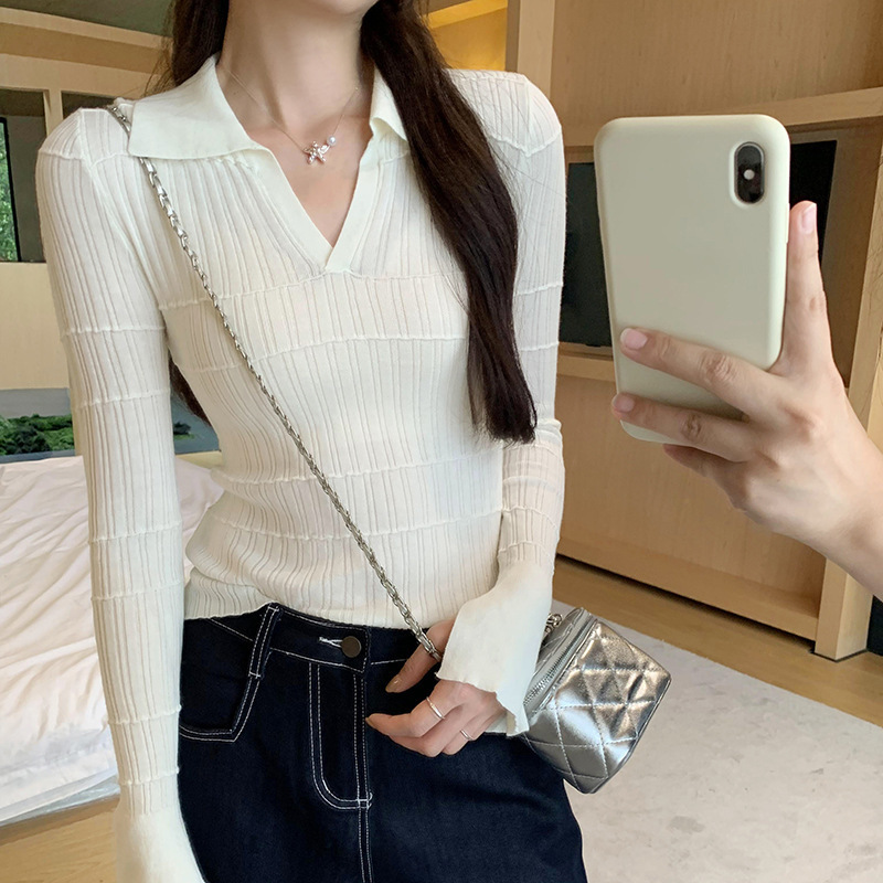 polo领喇叭长袖白色针织打底衫女新款入秋高级感穿搭修身显瘦上衣|undefined