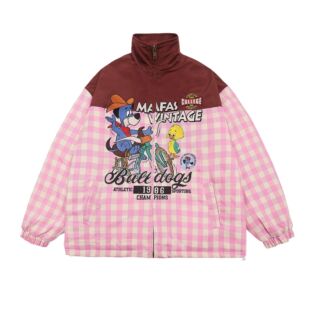 American Retro Fun Embroidered Patchwork Plaid Cotton Coat for Women, Winter Loose and Lazy Style Couple Cotton Clothing