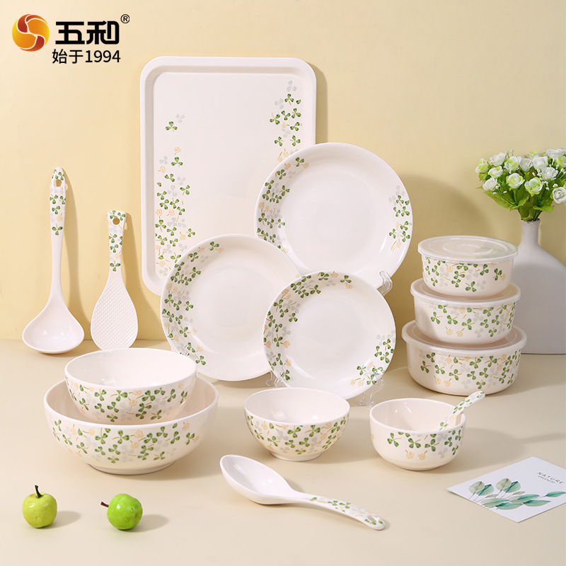 우허 삼엽초 식품 등급 멜라민 식기 수프 스푼 접시 가정용 새해 식기 그릇 접시 트레이 도매
